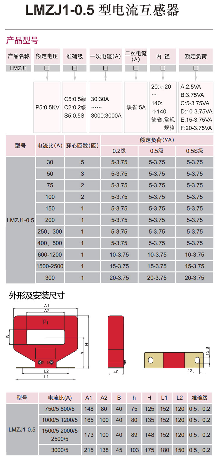 德力西电流互感器 LMZJ1-0.5电流互感器 电流比800-1200 1次穿心匝数 穿心母线电缆线型电流互感器