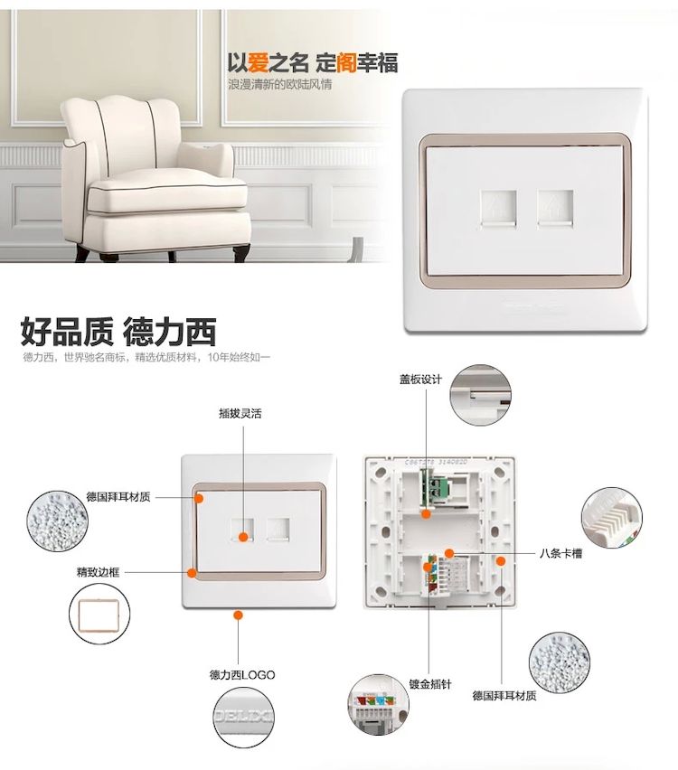 德力西简欧风CD280开关插座 电话电脑插座 八芯网络+电话插座 网络电话插座