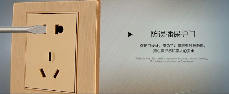 德力西760拉丝金五孔10A插座 五孔10A拉丝金开关插座 设计了儿童保护门防误插功能 保护宝宝的安全