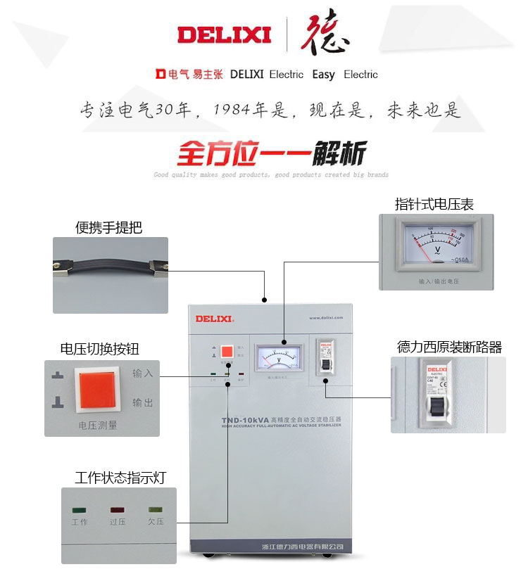 德力西单相稳压器 TND-7KVA 7KW家用稳压器 高精度单相纯铜芯稳压器 正品德力西稳压器产品正面分解图