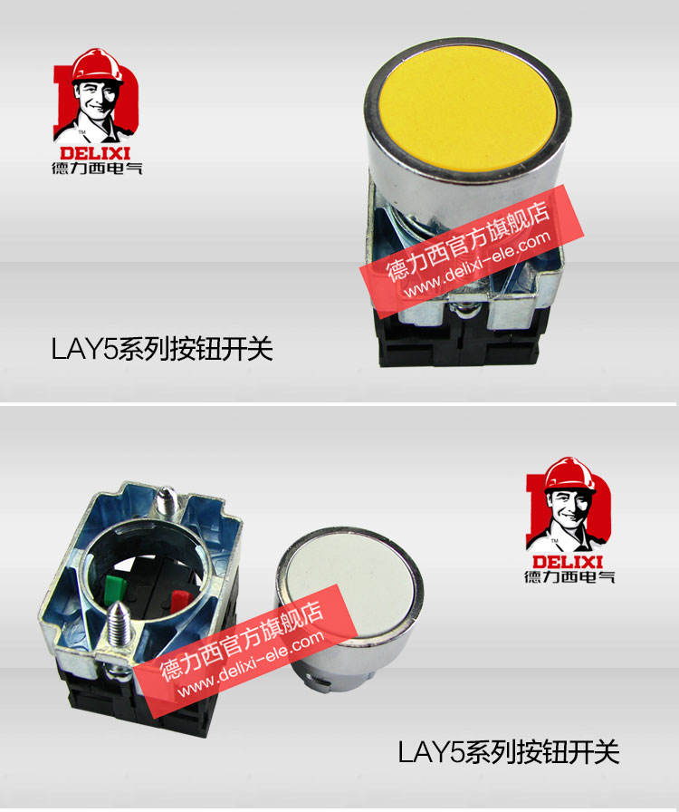 德力西按钮开关 LAY5-BA33/BA35/BA43/BA45金属型平头按钮 双触点 开孔尺寸22mm