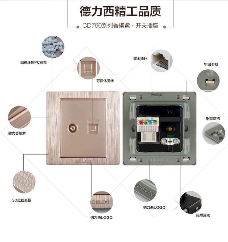 德力西760拉丝紫金(香槟紫)电脑+电视插座 一位电视+一位网络插座